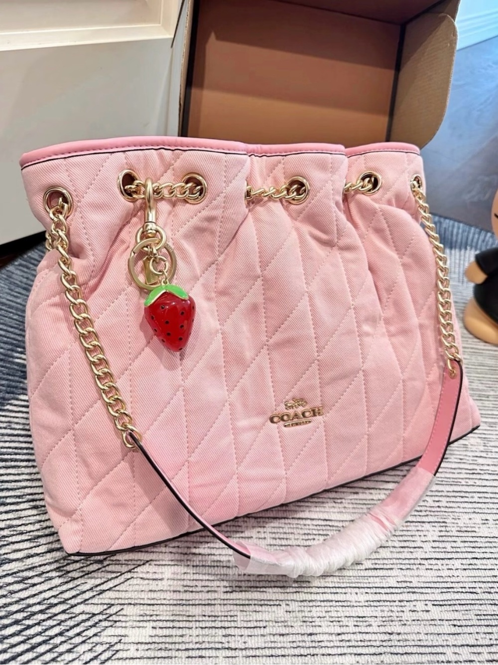 Coach Evelyn Light Pink denim Quilted Shoulder Bag (excluding strawberry chain)
